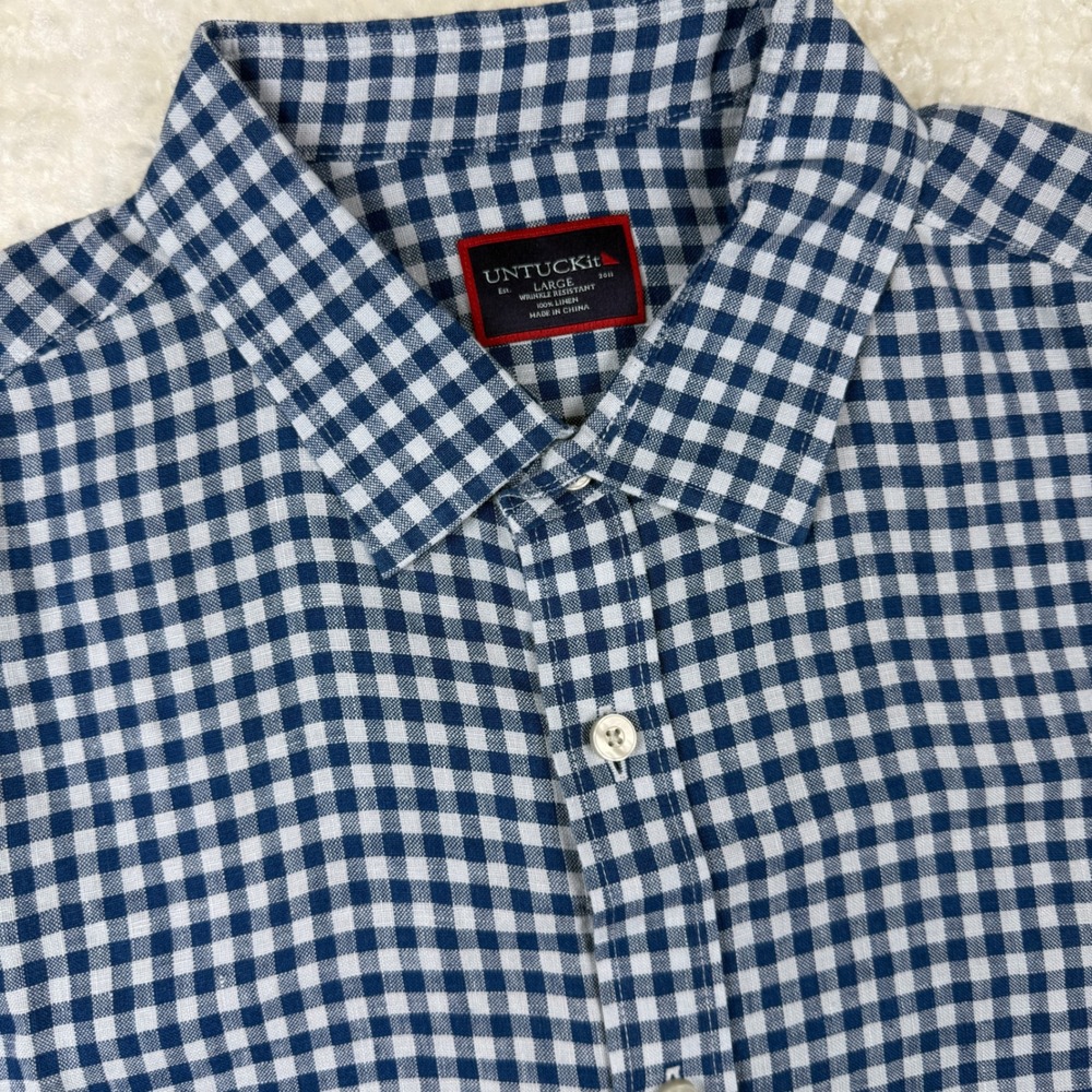 UNTUCKit Robibero Linen Shirt Mens Large Blue Gingham Short Sleeve‎ Lightweight